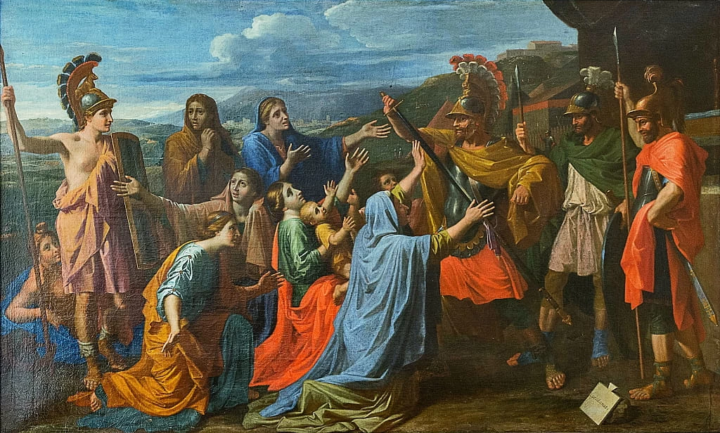 Coriolano persuaso dalla sua famiglia a risparmiare Roma Veturia ai piedi di Coriolano